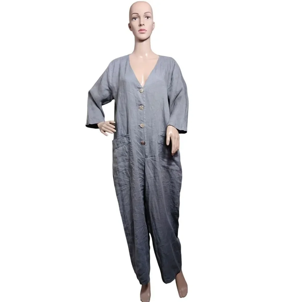 Zara Jumpsuit Women's Large Gray Linen‎ Long Boilersuit Minimalist Lagenlook